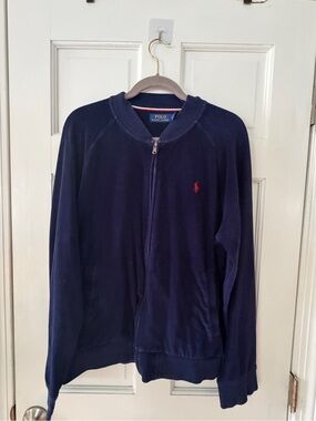 Polo Ralph Lauren Men’s L Navy Velour Full Zip Sweatshirt Jacket Red Pony Logo